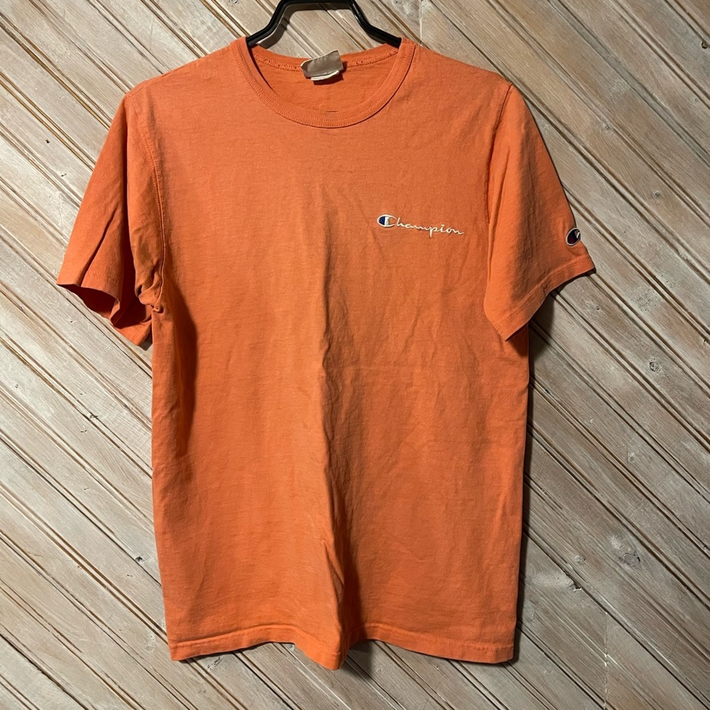 Vintage faded orange Champion T shirt distressed embroidered logo medium peach